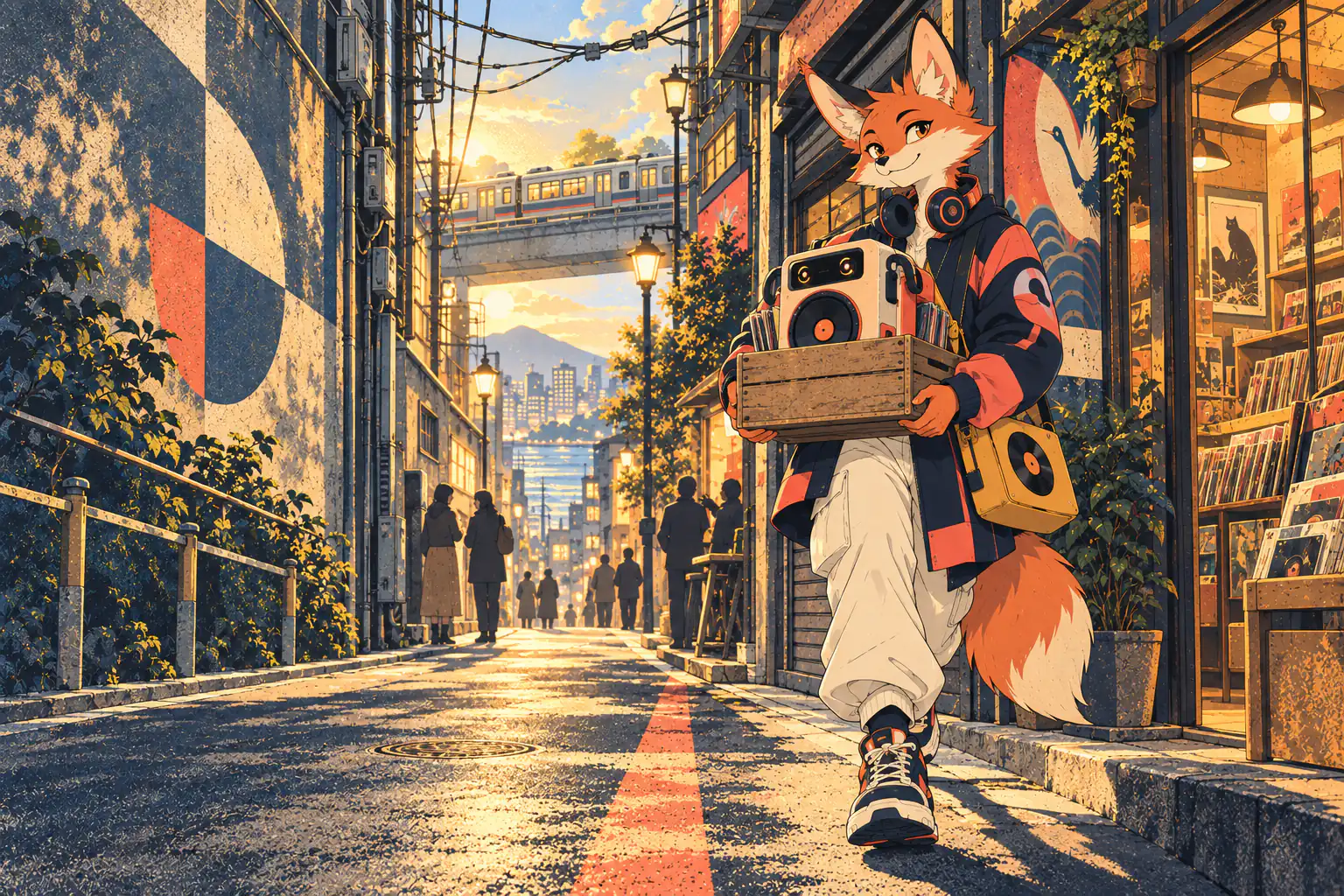 あさの まちで はこを かかえた はいたつにんと ちいさな スピーカー